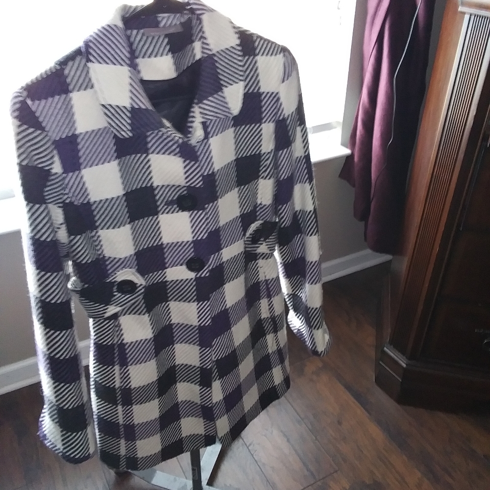 purple, cream and black pea coat